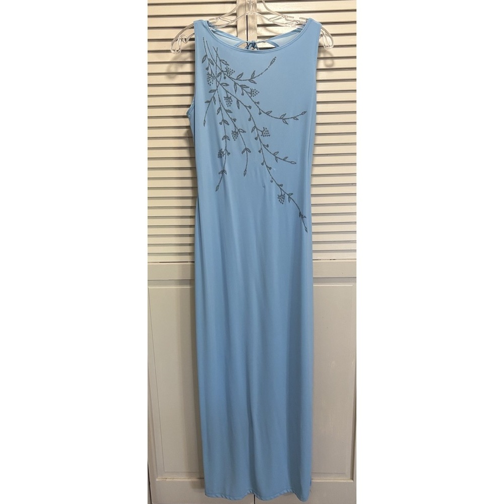 Eye Candy Blue Flower Glitter Open/Tie Back Maxi Dress Size L Sleeveless Slit